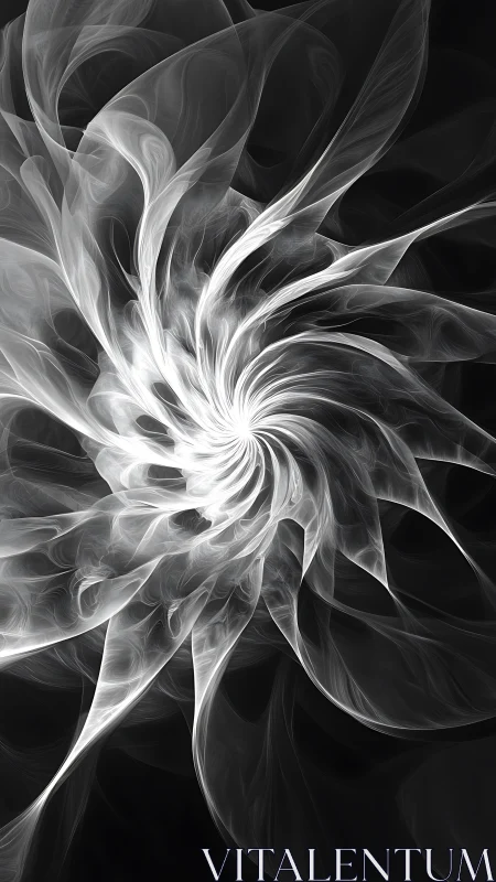 Monochrome fractal spiral with layered translucent curves.