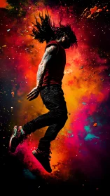 Electric dancer leaps through glowing clouds of vibrant color