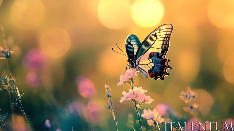 Macro butterfly study in golden bokeh meadow light.