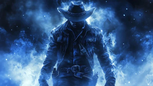 Luminous lone gunslinger walking through swirling blue mist.