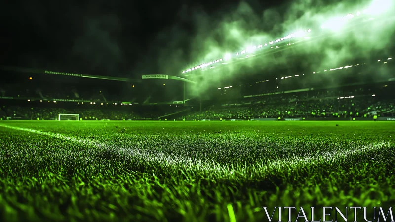 Low-angle floodlit soccer pitch corner under dense night fog