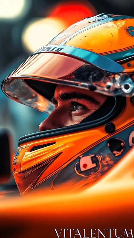 Racing driver close-up in orange helmet and cockpit.