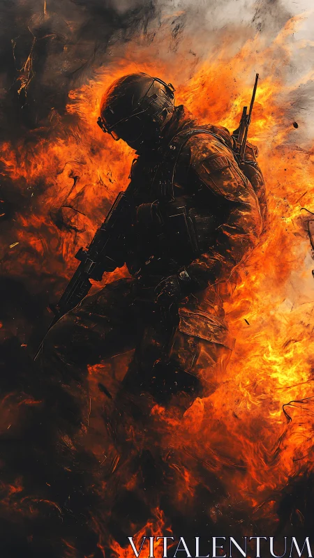 Armored soldier silhouette advances through engulfing inferno