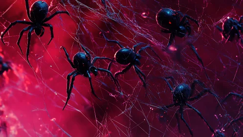 Neon Arachnid Carnival in Tangled Crimson Night Webs.