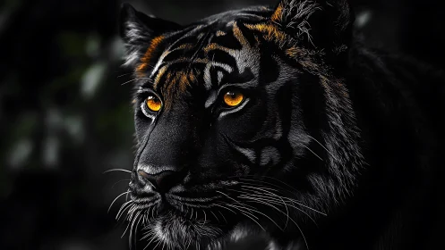 Tiger face close-up shows intense amber eyes in dark profile