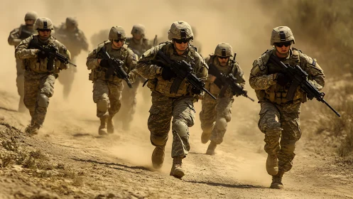 Modern infantry squad advancing through arid dust corridor