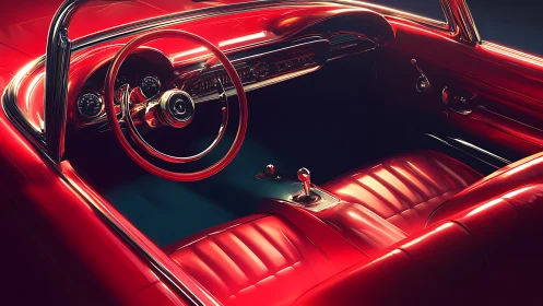 Crimson classic convertible interior under cinematic light.