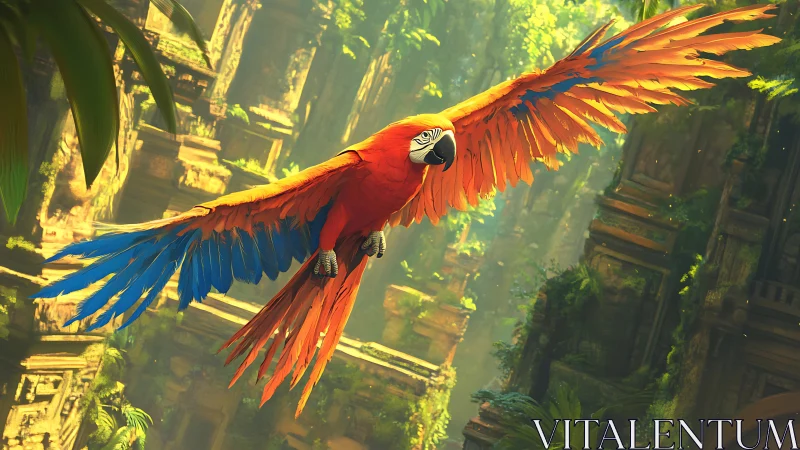 Scarlet macaw glides through sunlit jungle ruins in flight
