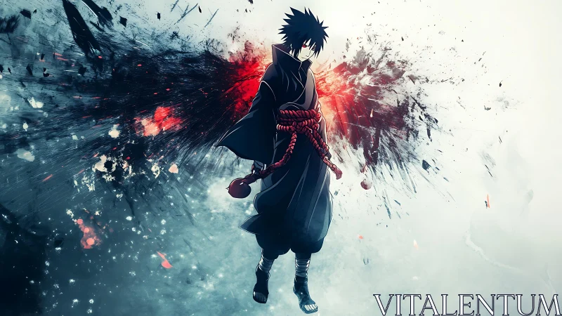 Dark anime warrior amid explosive abstract energy field.