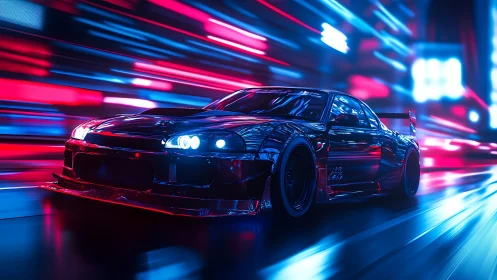 Midnight street racer glides through neon soaked city lights