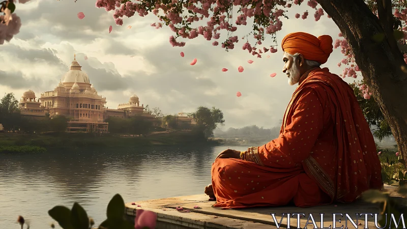 Meditating monk overlooks riverside temple at sunrise.