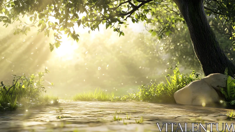 Golden morning sunlight gently warms a quiet forest stream