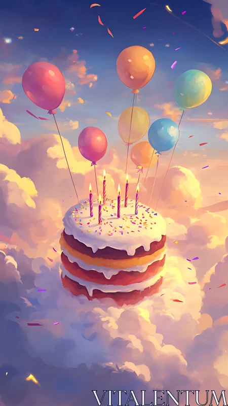 Whimsical Birthday Cake Soaring Through Clouds and Dreams.
