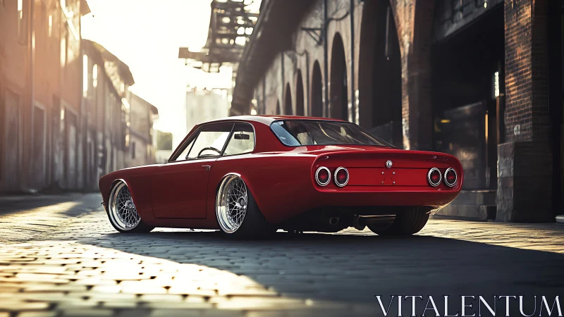 Low-slung red classic coupe glows in warm industrial street.