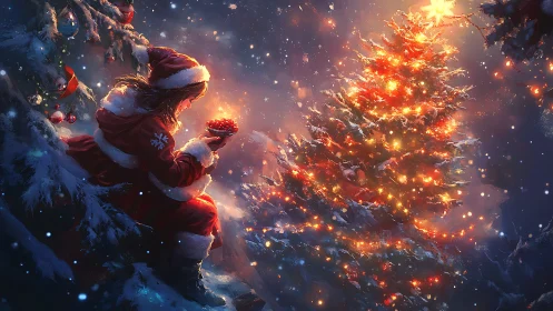 Girl in red coat lighting glowing winter Christmas tree.