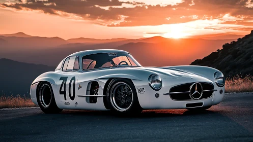 Low-slung classic Mercedes race coupe under high-contrast sunset lighting