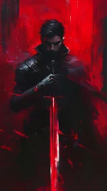 Digital painting of dark swordsman in red chiaroscuro field.