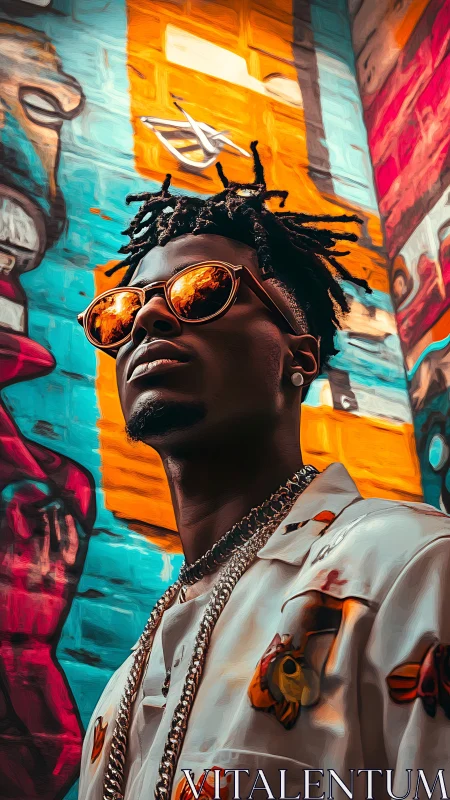 Neon street portrait with reflective lenses and mural geometry.