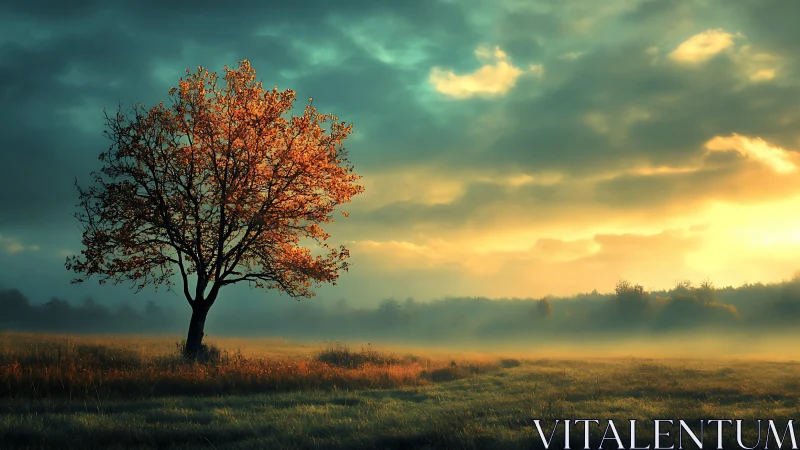 Solitary autumn tree under glowing misty sunrise sky.