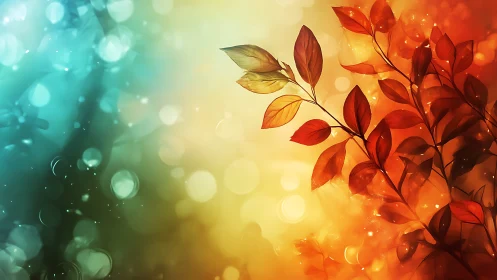 Burnished autumn leaves drift through a glowing twilight haze