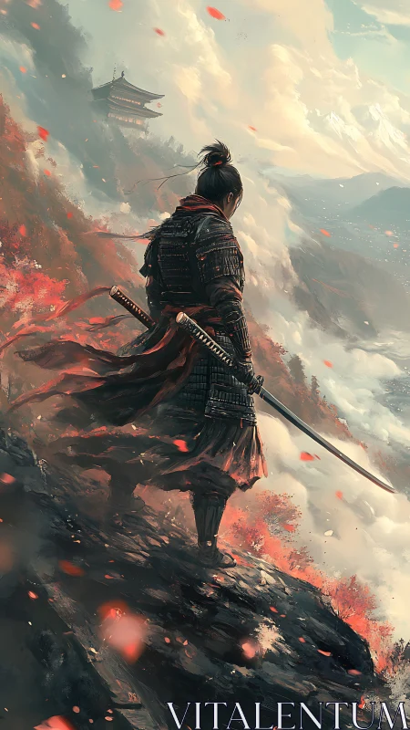 Storm-wrapped samurai measures the clouds before descending