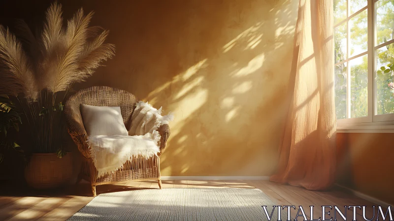 Sunlit wicker chair in serene boho reading corner interior.