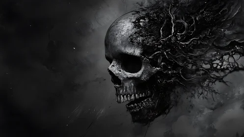 Dark skull dissolving into twisting black organic forms.
