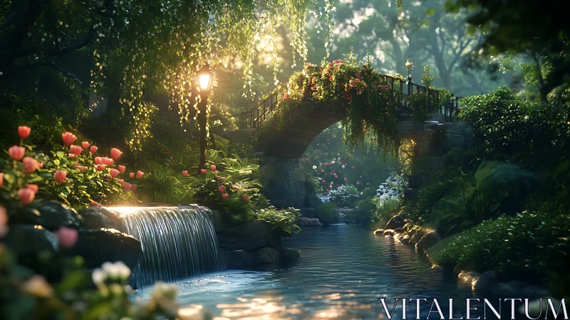 Stone garden bridge over stream with flowers at dusk.