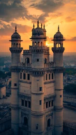 Sunlit Mughal-style fortress tower against dramatic sunset.