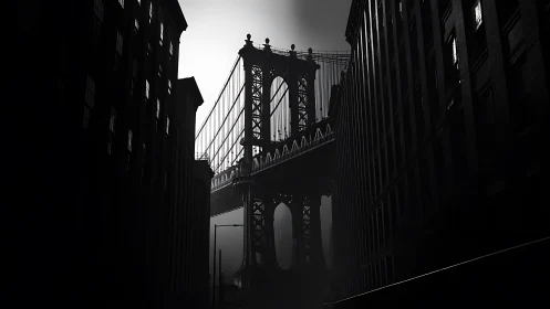 Steel giant leans between shadows while dawn carves silver