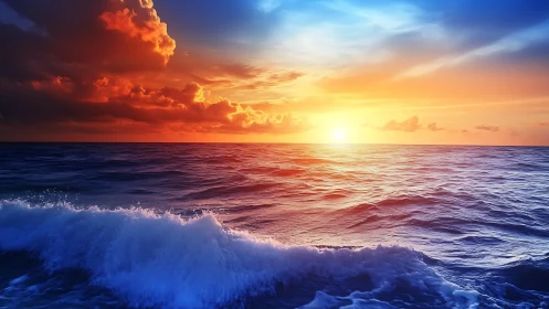Ocean horizon at sunset with waves and contrasted sky.