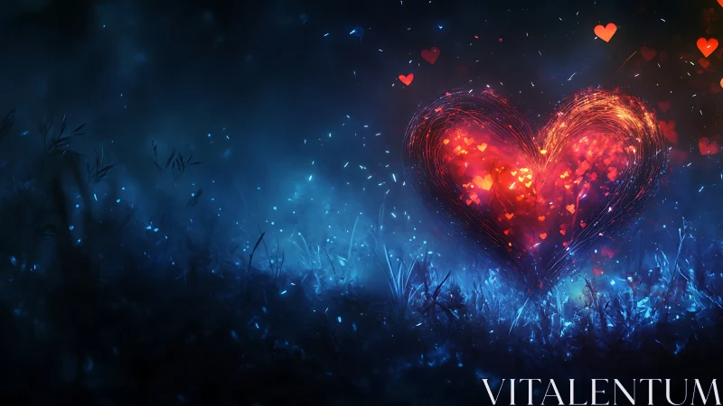 Luminescent Heart Rendered Against Nocturnal Botanical Landscape