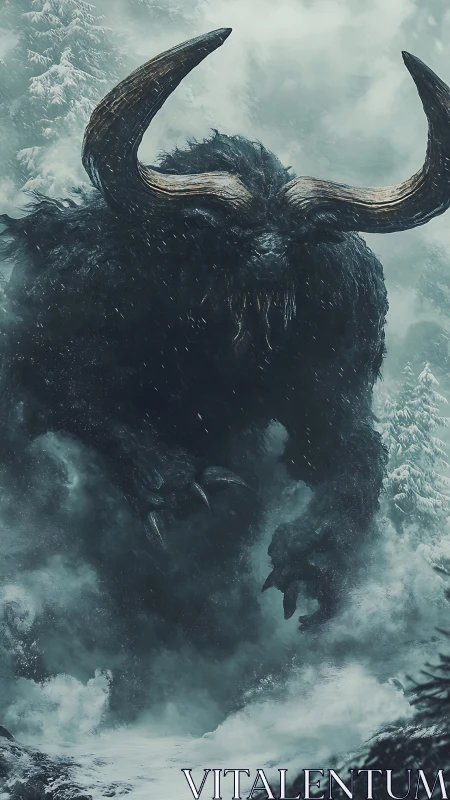 Horned furred creature advancing through dense winter storm.