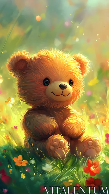 Sunlit teddy bear nestled in glowing wildflower meadow.