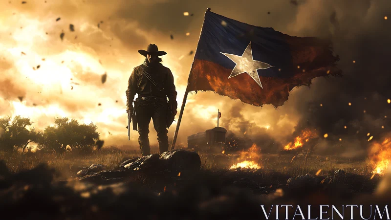 Lone cowboy standing strong beside a blazing Texas flag.