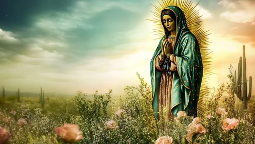 Serene robed figure glows over desert flowers at sunrise