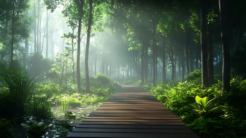 Wooden boardwalk through misty forest lined with tall trees.