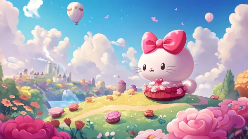 Whimsical Cloud Kingdom with Adorable Cat Character.
