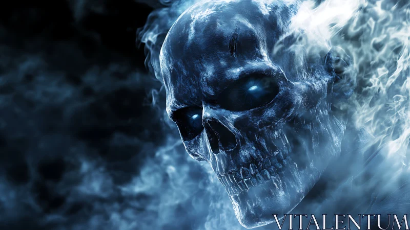 Frozen spectral skull emerges through swirling blue smoke.