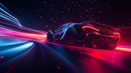 Futuristic sports car on neon highway in motion blur.