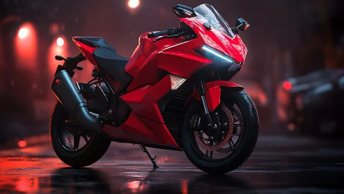Red sport motorcycle stands on wet city street at night