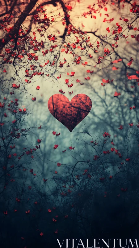 Red Heart Shape Surrounded by Flowering Branches in Warm Tonal Aesthetic