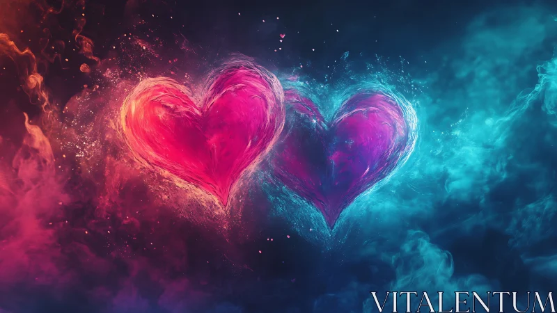 Two luminous hearts emerge from contrasting energy fields.