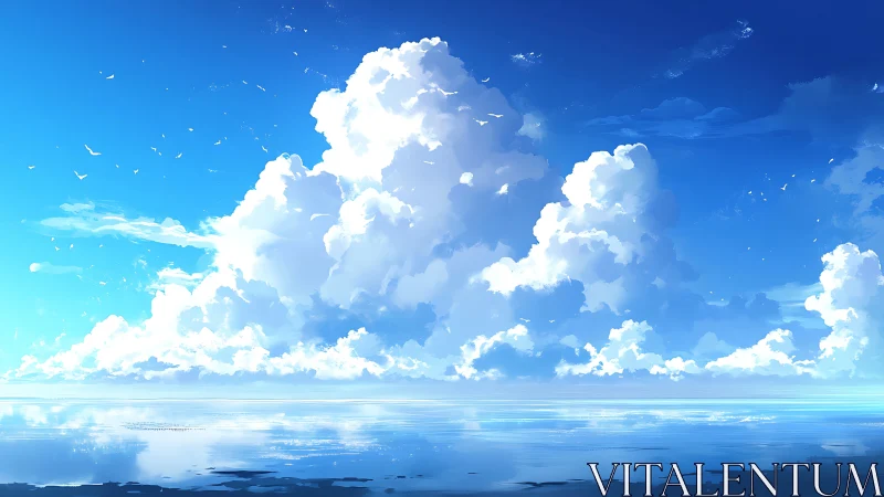 Cloud kingdoms rise quietly above a mirror-bright sea