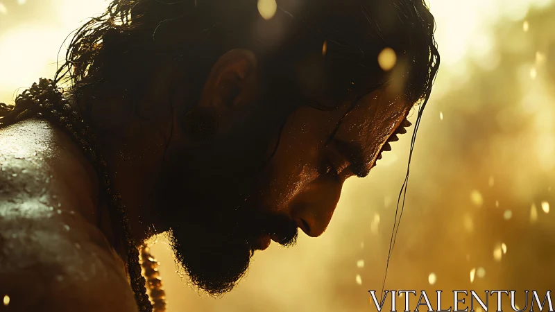 Golden quiet moment with a contemplative, rainlit man.