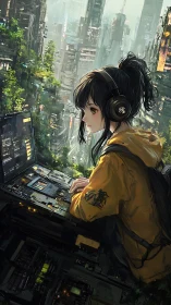 Neon coder girl weaving data in a skybound green city.