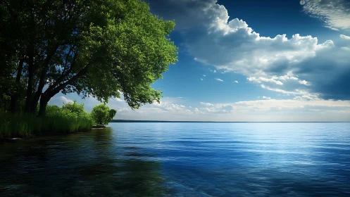 Calm lake surface reflects clouded sky beside dense shoreline