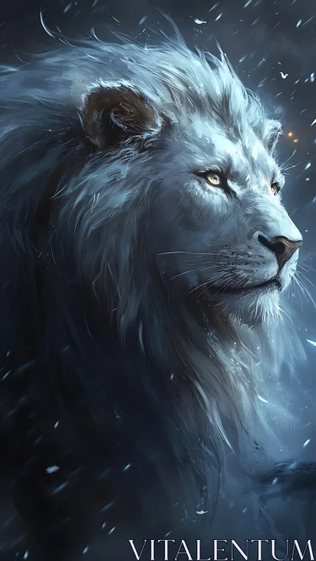 Snowlit white lion gazes calmly through the swirling night