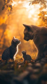 Mother Cat and Kittens in Golden Autumn Light.