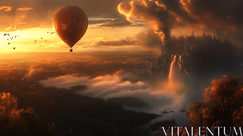 Hot air balloon drifts past fiery citadel at glowing sunset.